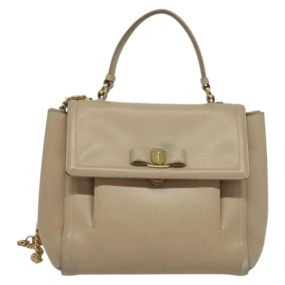 Salvatore Ferragamo Vala Hand Bag Leather 2way Beige Gold Auth BA4303