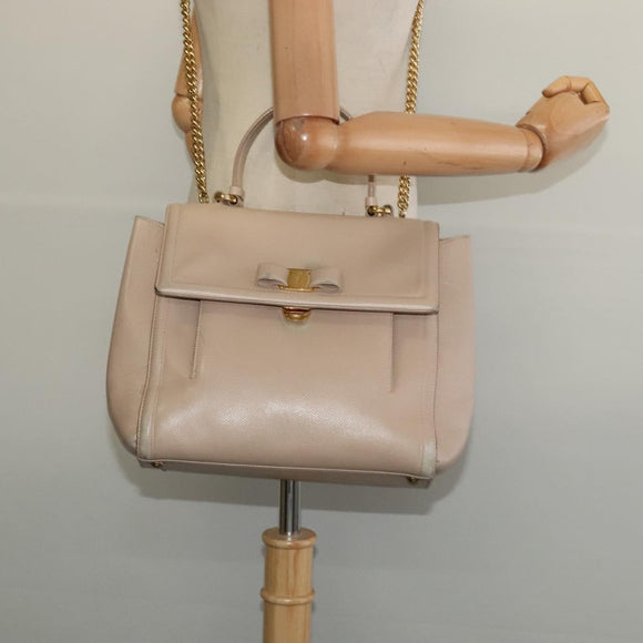Salvatore Ferragamo Vala Hand Bag Leather 2way Beige Gold Auth BA4303