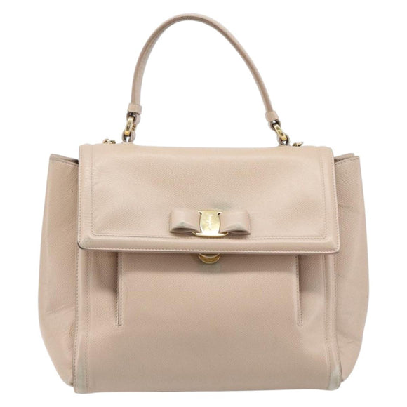 Salvatore Ferragamo Vala Handtasche Leder 2-Wege Beige Gold Auth BA4303