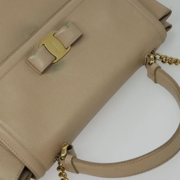 Salvatore Ferragamo Vala Hand Bag Leather 2way Beige Gold Auth BA4303