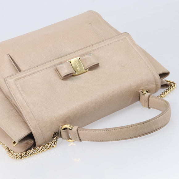 Salvatore Ferragamo Vala Handtasche Leder 2-Wege Beige Gold Auth BA4303