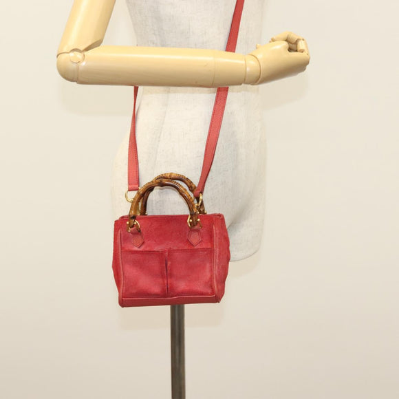 GUCCI Bamboo Hand Bag Suede 2way Red Gold 007 1793 0238 Auth BA4313