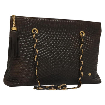 BALLY Quilted Chain Shoulder Bag Leather Dark Brown Gold Auth BA4324