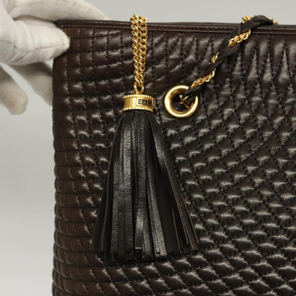BALLY Quilted Chain Shoulder Bag Leather Dark Brown Gold Auth BA4324