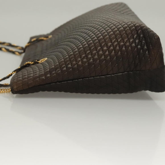 BALLY Quilted Chain Shoulder Bag Leather Dark Brown Gold Auth BA4324