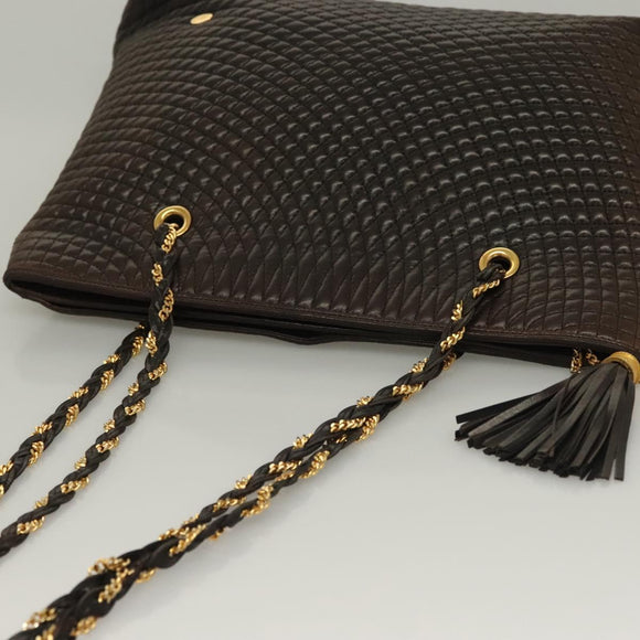 BALLY Quilted Chain Shoulder Bag Leather Dark Brown Gold Auth BA4324