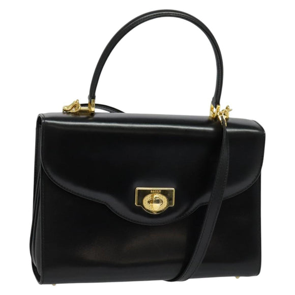 BALLY Hand Bag Leather 2way Black Gold Auth BA4327