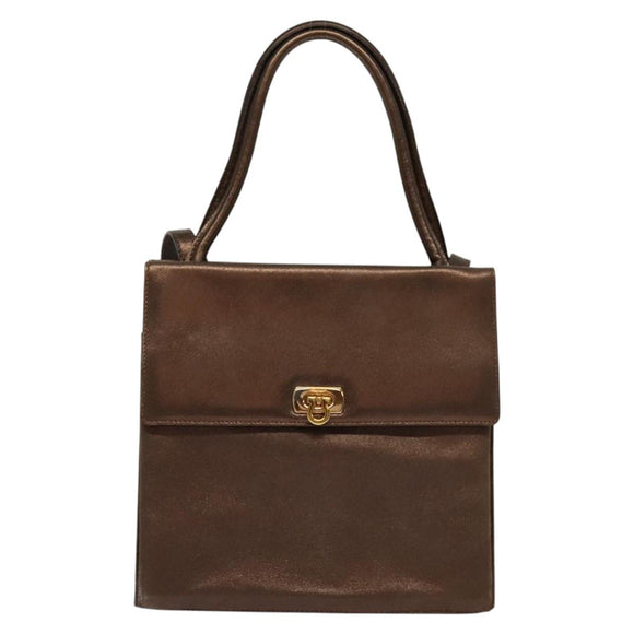 Salvatore Ferragamo Gancini Hand Bag Leather 2way Bronze Gold Auth BA4340