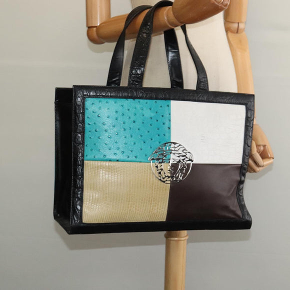 Gianni Versace Bag Crocodile Embossed Leather Multicolor Silver Auth BA4341