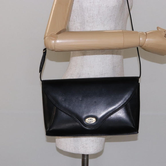 GUCCI Shoulder Bag Leather Black Gold Auth BA4343