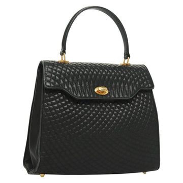 BALLY Quilted Hand Bag Leather Black Gold Auth BA4372