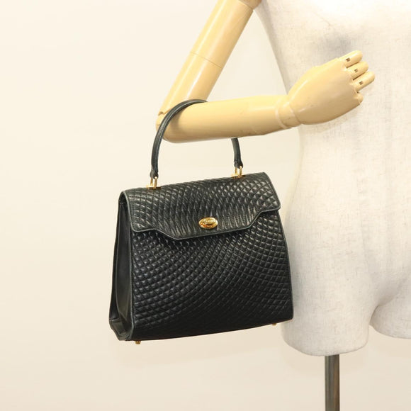 BALLY Quilted Hand Bag Leather Black Gold Auth BA4372