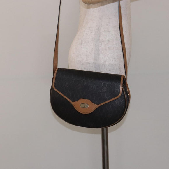 Christian Dior Honeycomb Canvas Shoulder Bag PVC Black Gold Auth BA4382