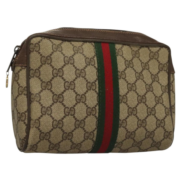 GUCCI GG Supreme Web Sherry Line Clutch Bag PVC Beige Gold Auth BA4384