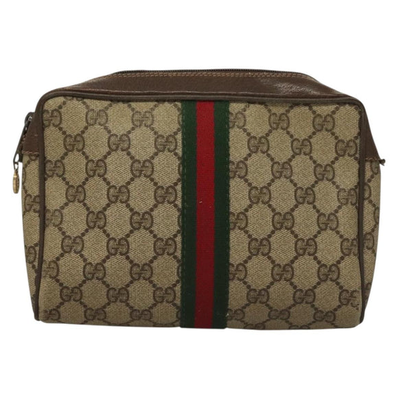 GUCCI GG Supreme Web Sherry Line Clutch Bag PVC Beige Gold Auth BA4384