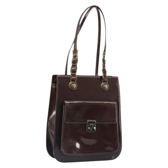 VERSACE Shoulder Bag Patent Leather Brown Gold Auth BA4407