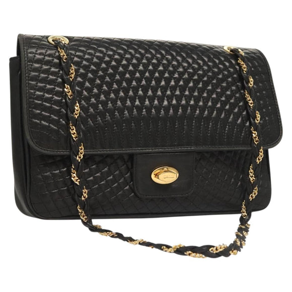 BALLY Quilted Chain Shoulder Bag Leather Black Gold Auth BA4443