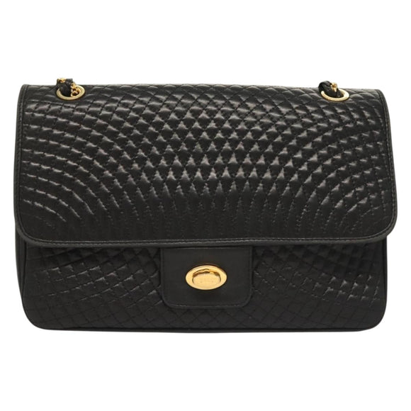 BALLY Quilted Chain Shoulder Bag Leather Black Gold Auth BA4443