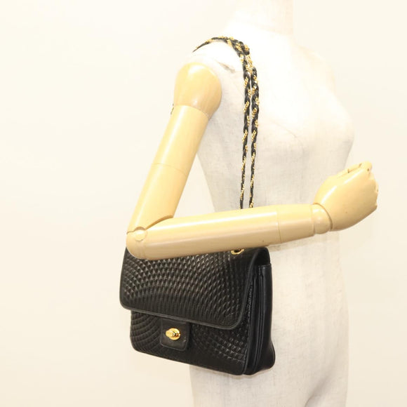BALLY Quilted Chain Shoulder Bag Leather Black Gold Auth BA4443