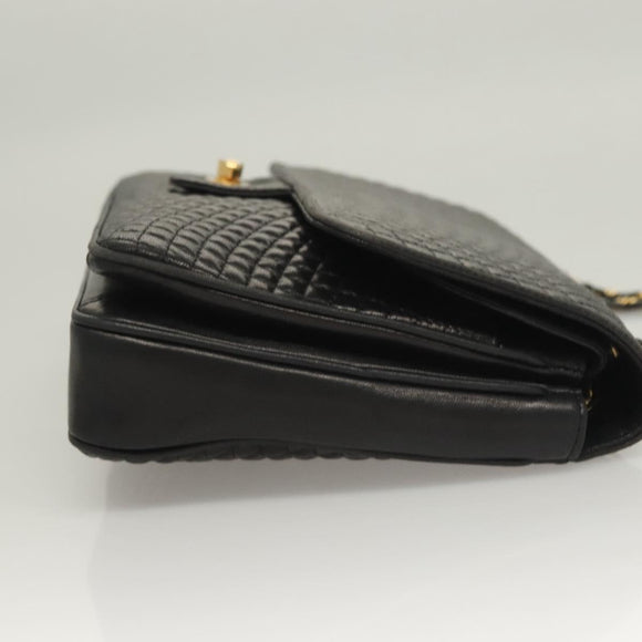 BALLY Quilted Chain Shoulder Bag Leather Black Gold Auth BA4443
