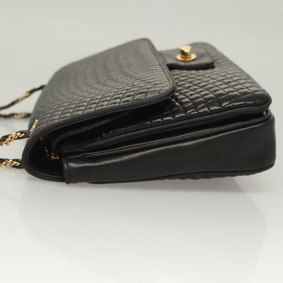 BALLY Quilted Chain Shoulder Bag Leather Black Gold Auth BA4443