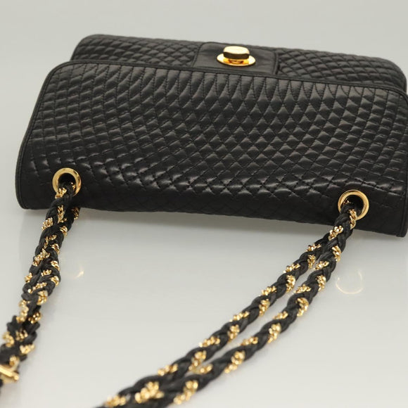 BALLY Quilted Chain Shoulder Bag Leather Black Gold Auth BA4443