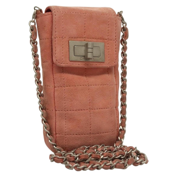 CHANEL Choco Bar Chain Shoulder Pouch Suede Pink Silver CC Auth BA4493