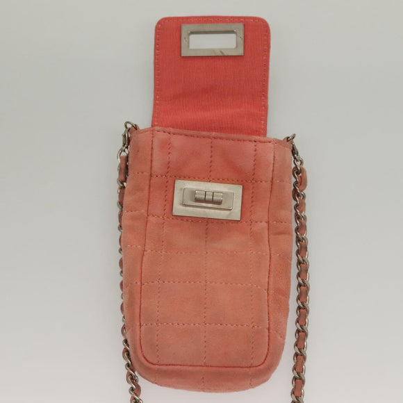 CHANEL Choco Bar Chain Shoulder Pouch Suede Pink Silver CC Auth BA4493