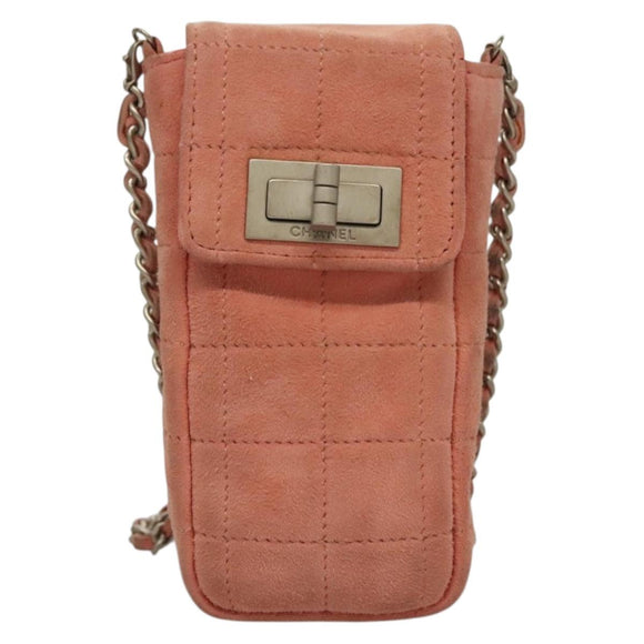 CHANEL Choco Bar Chain Shoulder Pouch Suede Pink Silver CC Auth BA4493