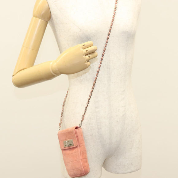CHANEL Choco Bar Chain Shoulder Pouch Suede Pink Silver CC Auth BA4493