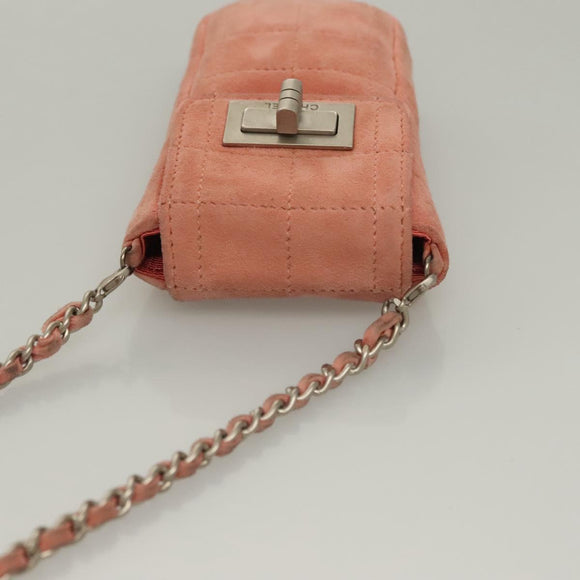 CHANEL Choco Bar Chain Shoulder Pouch Suede Pink Silver CC Auth BA4493