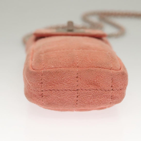 CHANEL Choco Bar Chain Shoulder Pouch Suede Pink Silver CC Auth BA4493