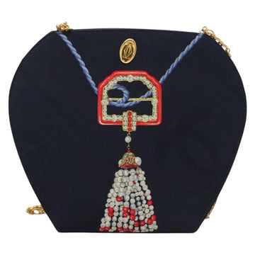 CARTIER Chain Shoulder Bag Cotton Navy Gold Auth BA4502 - 0