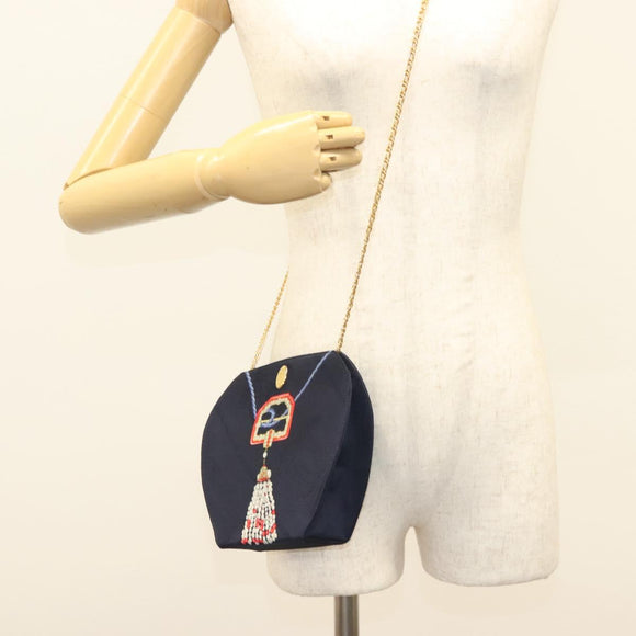 CARTIER Chain Shoulder Bag Cotton Navy Gold Auth BA4502