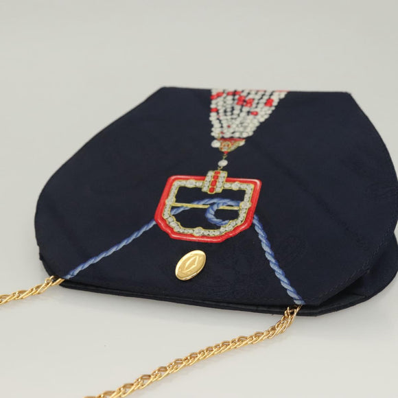 CARTIER Chain Shoulder Bag Cotton Navy Gold Auth BA4502