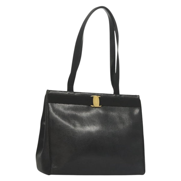 Salvatore Ferragamo Tote Bag Embossed Leather Black Gold Auth BA4507