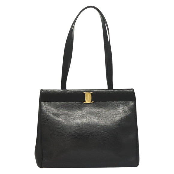 Salvatore Ferragamo Tote Bag Embossed Leather Black Gold Auth BA4507