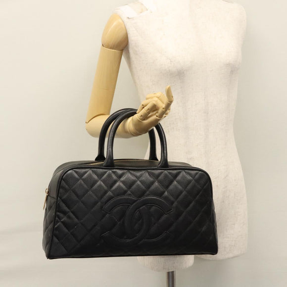 CHANEL Matelasse Hand Bag Caviar Skin Black Gold CC Auth BA451SAM