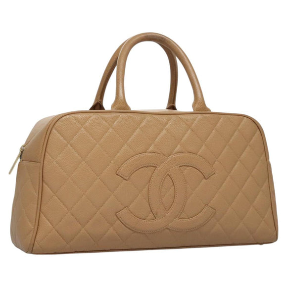 CHANEL Matelasse Hand Bag Caviar Skin Beige Gold CC Auth BA453A
