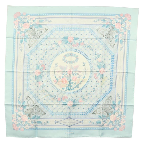 HERMES Carre 90 Scarf ""JEUX DE PAILLE"" Silk Light Blue Auth BA4555