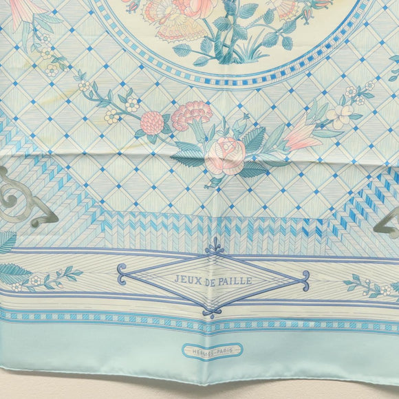 HERMES Carre 90 Scarf ""JEUX DE PAILLE"" Silk Light Blue Auth BA4555