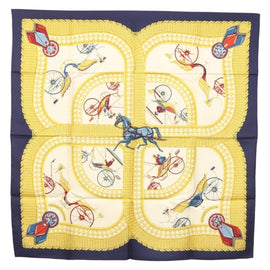 HERMES Carre 90 Scarf ""VOITURES PANIERS"" Silk White Auth BA4559