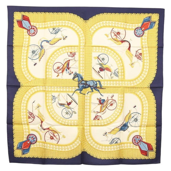 HERMES Carre 90 Scarf ""VOITURES PANIERS"" Silk White Auth BA4559