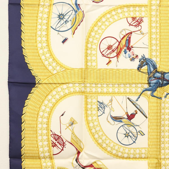 HERMES Carre 90 Scarf ""VOITURES PANIERS"" Silk White Auth BA4559