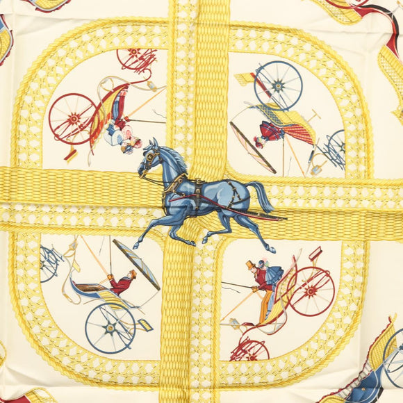 HERMES Carre 90 Scarf ""VOITURES PANIERS"" Silk White Auth BA4559