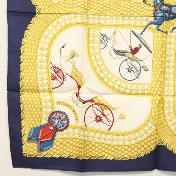 HERMES Carre 90 Scarf ""VOITURES PANIERS"" Silk White Auth BA4559