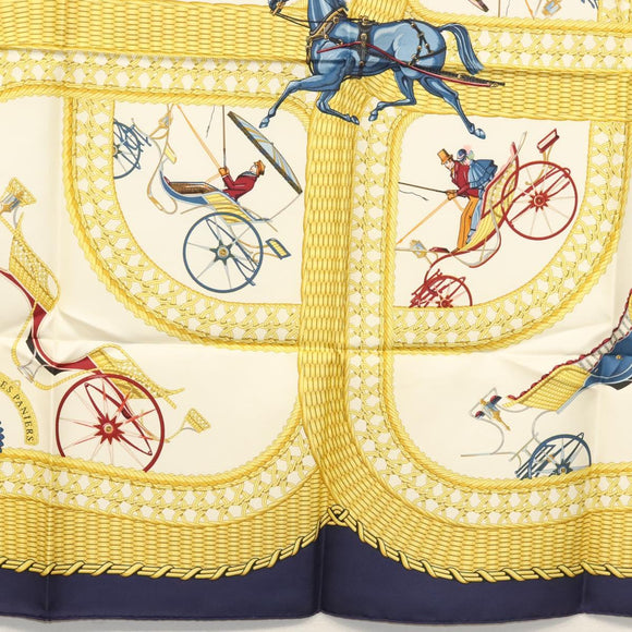 HERMES Carre 90 Scarf ""VOITURES PANIERS"" Silk White Auth BA4559