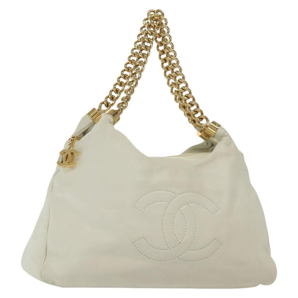 CHANEL COCO Mark Chain Shoulder Bag Lamb Skin White Gold CC Auth BA4593