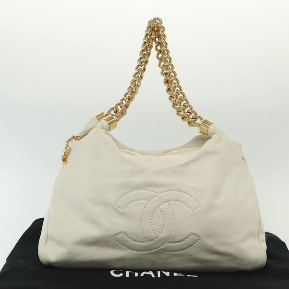 CHANEL COCO Mark Chain Shoulder Bag Lamb Skin White Gold CC Auth BA4593