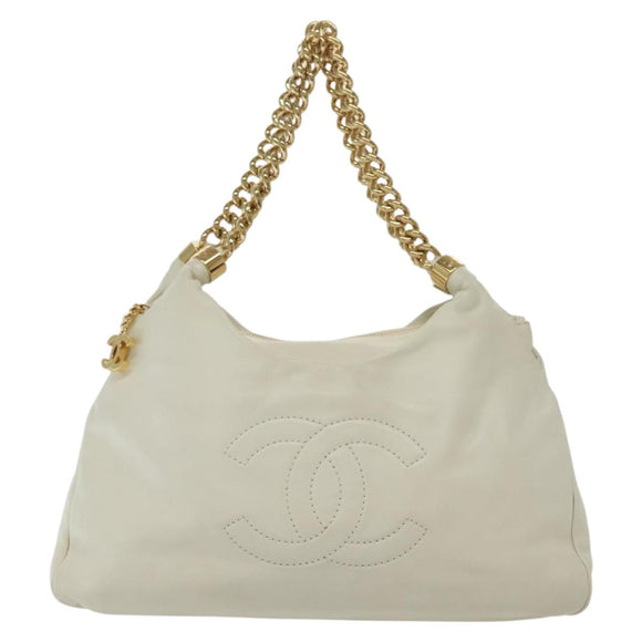 CHANEL COCO Mark Chain Shoulder Bag Lamb Skin White Gold CC Auth BA4593
